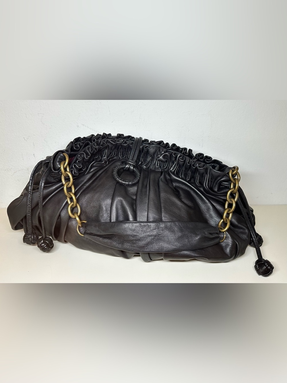 BCBGMaxAzria Black Ruched Leather Shoulder Bag with Gold Chain